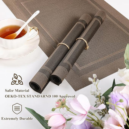 SHACOS Placemats Set of 4 Wipe Clean PVC Place Mats for Dining Table Heat Resistant Woven Vinyl Table Mats Indoor Outdoor (4, Frame Brown)