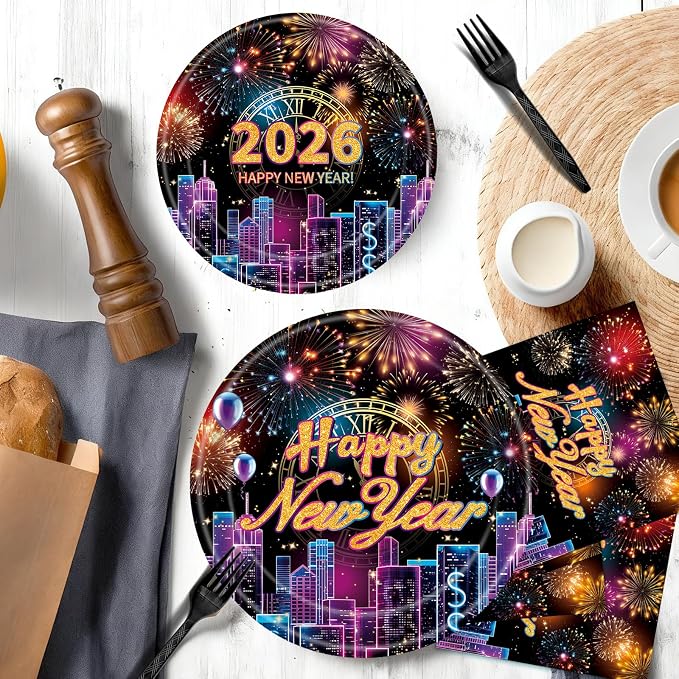 96 Pieces Happy New Year 2026 Tableware Set – Fireworks and City Night Skyline - Image 4