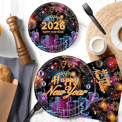 96 Pieces Happy New Year 2026 Tableware Set – Fireworks and City Night Skyline - Image 4