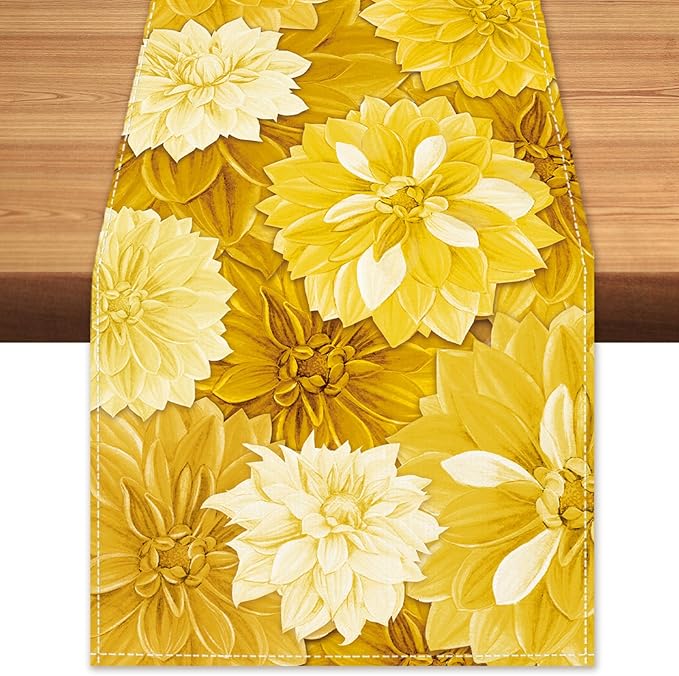 Yellow Dahlia Flower Summer Table Runner Yellow Gray Burlap Table Runners by BEAUTYROMANCEFORYOURLIFE
