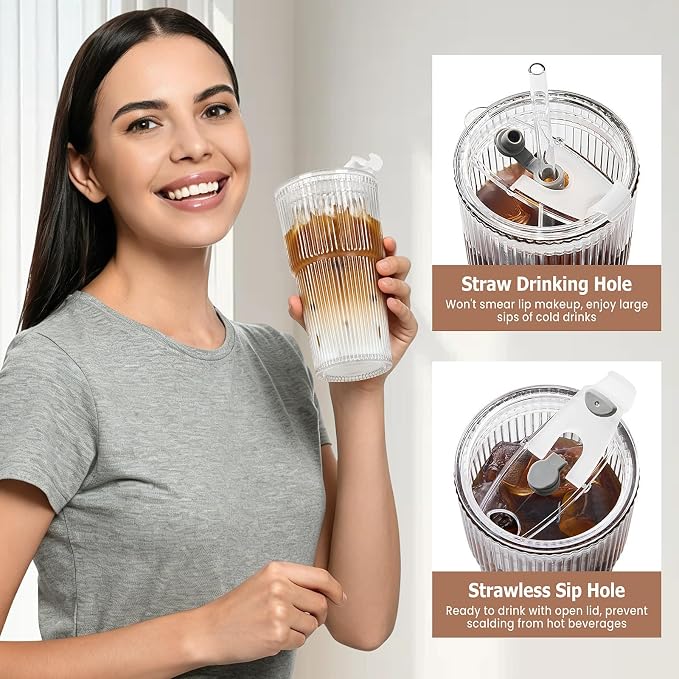 TUZAZO 20 Oz Ribbed Glass Coffee Tumblers - Image 4