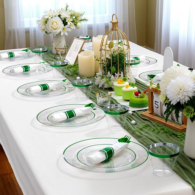 SUT 175 Pcs Green and Clear Plastic Dinnerware Set - Image 7
