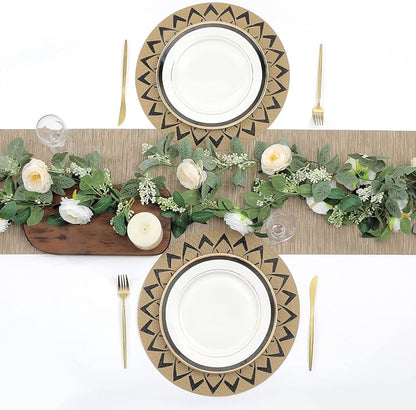 SHACOS 15 inch Round Vinly Placemats Set of 6 Boho Flower Print Place Mats Wipeable Non Slip Stain Heat Resistant Woven Table Mats Indoor Outdoor (6, Round Flower Black)