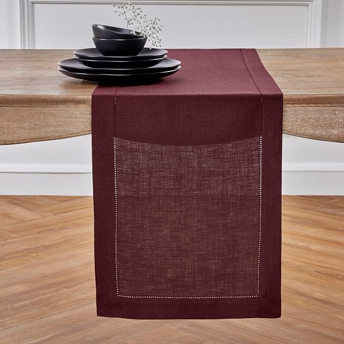 Solino Home 100% Pure Linen Table Runner Burgundy Hemstitch, 14 x 90 in | by SolinoHome