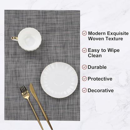 SHACOS Placemats Set of 4 for Dining Table Woven Vinyl Reversible Table Mats Wipe Clean Non Slip Place Mats Indoor Outdoor, Dark Gray