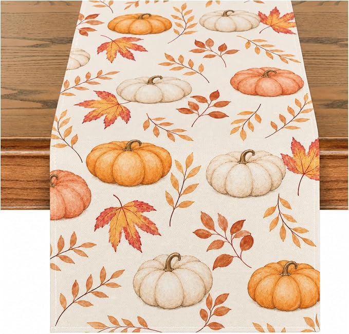 Orange Pumpkins Maple Leaves Table Runner, 13 x 72 Inch, Thanksgiving | by Unknown