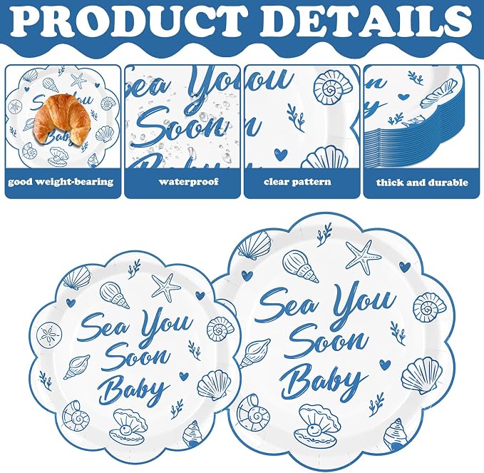 Whaline 72Pcs Sea You Soon Baby Tableware, Plate Napkin Set, Serves 24 | 9" & - Image 3