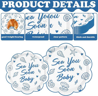 Whaline 72Pcs Sea You Soon Baby Tableware, Plate Napkin Set, Serves 24 | 9" & - Image 3