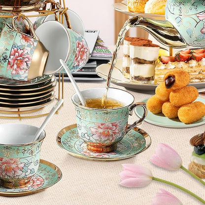 20 Pcs Porcelain Tea Set with Metal Holder, Adult Tea Set Gift, European - Image 3