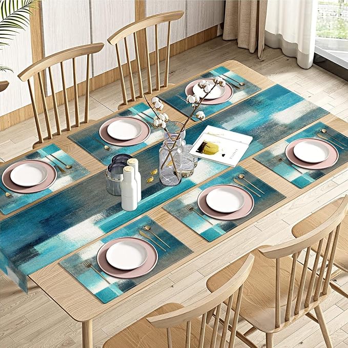Emvency Table Runner and Placemats Set of 6, Farmhouse Abstract Teal | Grey by Emvency