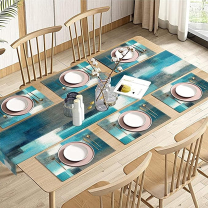 Emvency Table Runner and Placemats Set of 6, Farmhouse Abstract Teal | Grey by Emvency