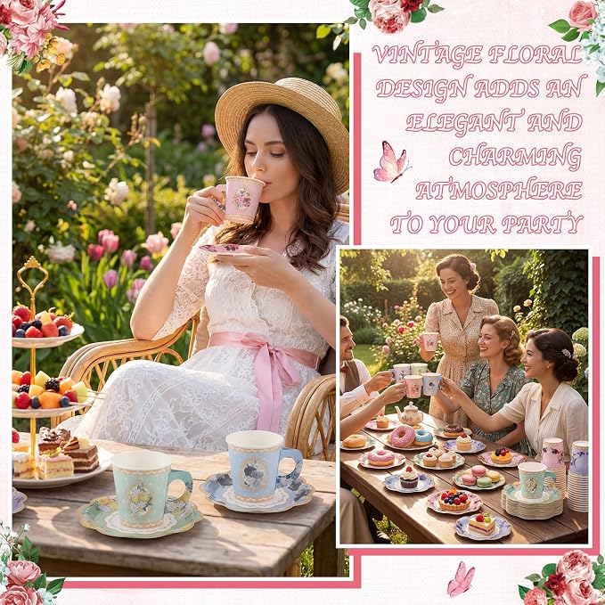 NatNarr 128 Pcs Disposable Paper Tea Cups, 7 OZ Floral Tea Party Cups | - Image 7