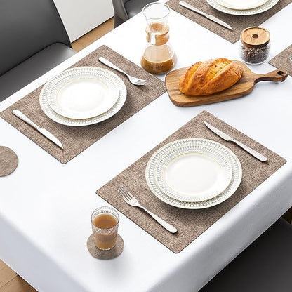 MOSAYT Placemats Set of 4, Heat Resistant Vinyl Place Mats with Coasters, 100% Waterproof Wipeable Washable Faux Leather Table Mats for Kitchen Dining Party Indoor Outdoor, 12" x 17", Khaki