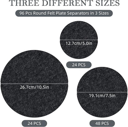 96 Pack Felt Plate Dividers Protectors, Thick Felt Round Plate Separators Pads China Dish Storage Protectors Pads with 3 Sizes for Packing Stacking Porcelain Cookware, Black