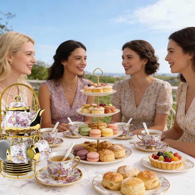 20 Pcs Porcelain Tea Set with Metal Holder, 700ml/23oz European Ceramic Tea Set - Image 7