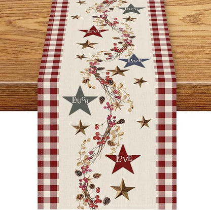 Western Texas Table Runner, Rustic Farmhouse Red Plaid Check Golden Star Barn by Unknown