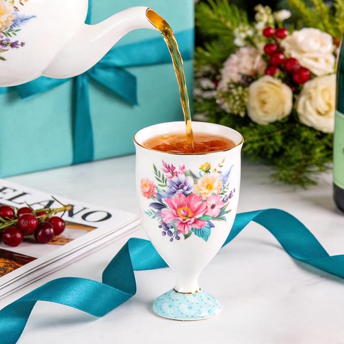 KAMMAK Bone China Coffee Mugs, 6.7oz Floral Tea Cups, Cocoa and Americano - Image 3