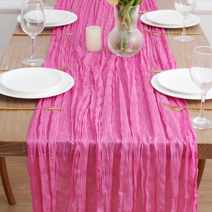 Asee'm Hot Pink Cheesecloth Table Runner Summer 10FT Fuchsia Gauze Sheer | Boho - Image 2