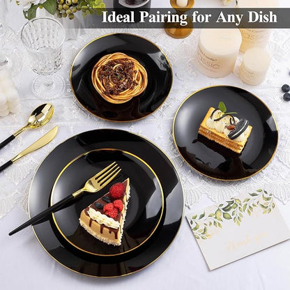 100 PCS Black Gold Plastic Plates, 10 inch Black Disposable Plates for Party, Plastic Dinner Plates for Party, Graduation, Birthday, Wedding