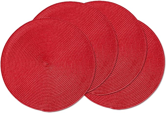 AHHFSMEI Round Braided Placemats 15 Inch Round Table Mats for Dining Tables Natural Woven Heat Resistant Place mats Set of 4 (red,4)