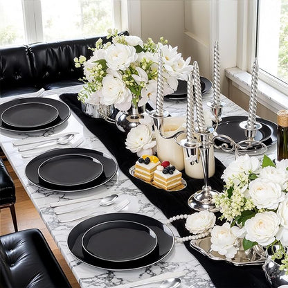 bUCLA 100PCS Black Plastic Plates - Heavy Duty Black Disposable with Silver Rim Include 50 Each (10 inch Dinner & 7 inch Dessert) Plates, Ideal for Party & New Year