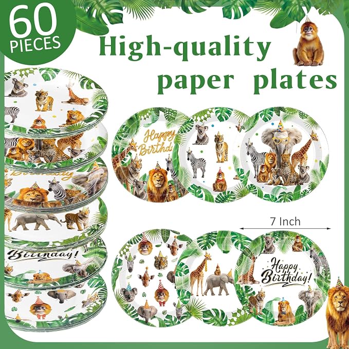 Gerrii 60 Pcs Wild Animals Themed Party Plates 7 Inch Happy Birthday Disposable - Image 2