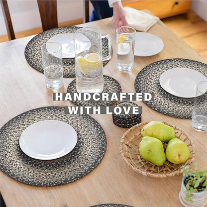 Homespice Flint Hill Round Braided Placemats, Warm Primitive Decor, Set of 2, 15", Grey Jute Table Mats - Vibrant Colors, Durable, Easy to Clean and Protects Furniture