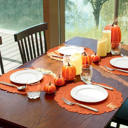 Noctiflorous Round Faux Leather 15 Inch Placemats Set of 6 Waterproof Wipeable Heat Resistant Tablemat for Dining Table Kitchen Non Slip Washable Oilproof Table Place Mat(Pumpkin Orange, 6)
