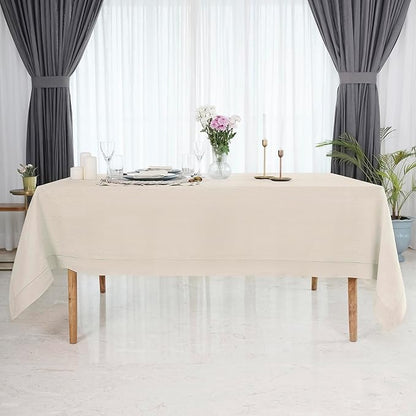 D'Moksha Homes Light Natural Linen Tablecloth for Rectangle Tables 60 x 102 Inch - Classic Hemstitch 100% Pure Linen Natural Table Cloth - Machine Washable Dining Tablecloth for Valentines, Easter