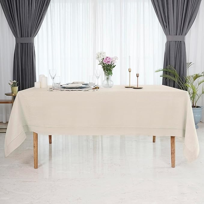 D'Moksha Homes Light Natural Linen Tablecloth 54 x 72 Inch - 100% Pure Linen Natural Table Cloth for Rectangle Tables - Classic Hemstitch, Machine Washable Tablecloth for Valentines, Spring, Easter