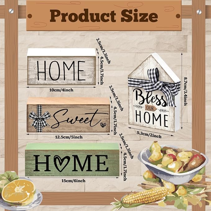 Moucuny 4 Pcs Wooden Farmhouse Table Decor Rustic Home Sweet Home Stacked - Image 3