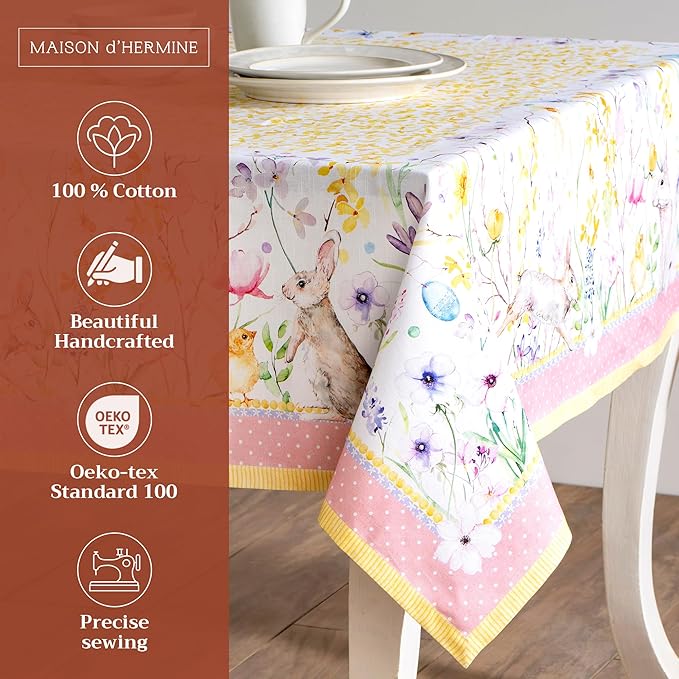 Maison d' Hermine Table Cloth Square Table 100% Cotton 60 x 60 Inches Tablecloth Reusable Decorative for Dining Room Farmhouse Home Valentines Day Decorations Spring Summer - Easter Zest