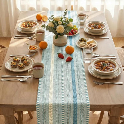 Artoid Mode Sky Blue Farmhouse Stripe Braided Table Runner 12x72 Inch | Holiday - Image 3