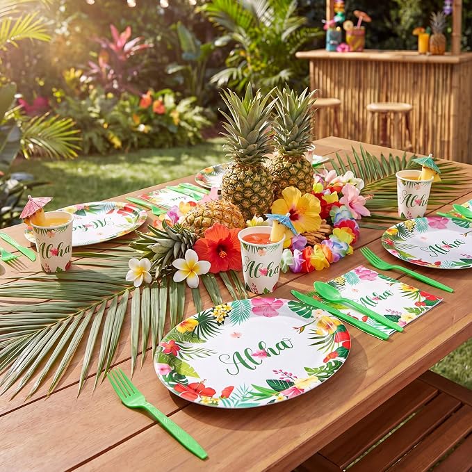 350 Pcs Summer Hawaiian Party Supplies Luau Oval Plates and Napkins Set Palm - Image 5