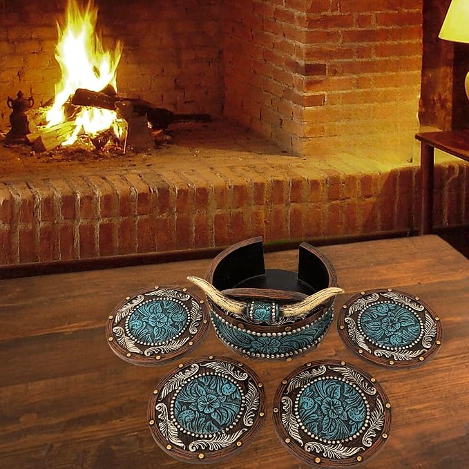 BestGiftEver Rustic Southwestern Coasters Set | Faux Horn & Tooled - Image 5
