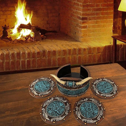 BestGiftEver Rustic Southwestern Coasters Set | Faux Horn & Tooled - Image 5
