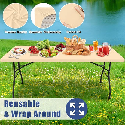 Spandex 5 Foot Rectangle Table Cloth 2 Pack, Elastic Fitted Tablecloths for Picnic, Stretch Washable Patio Table Cover for Outdoor, Camping, Banquet and Parties(Ivory, 30"x60")