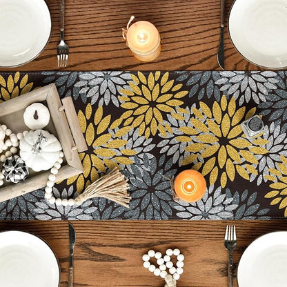 Artoid Mode Gold Black Silver Dahlia Floral Pinnata Fall Table Runner, Seasonal - Image 7