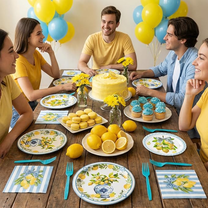 96Pcs Chinoiserie Vase Lemon Party Plates Supplies Capri Lemon Blue White Vase - Image 6