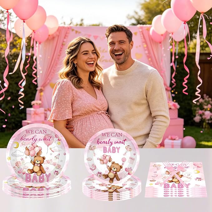 96 Pcs We Can Bearly Wait Baby Shower Decorations, Bear Tableware Set | - Image 6
