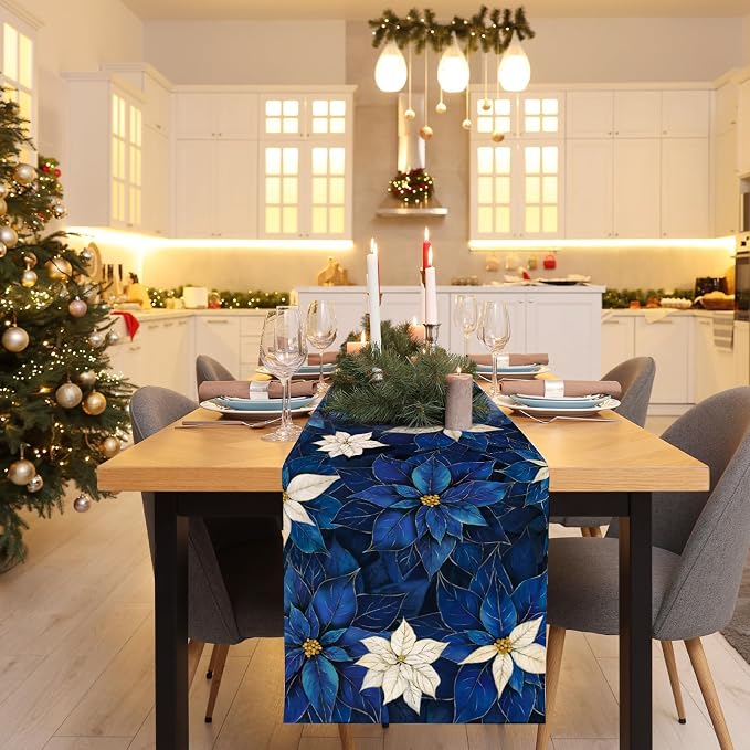 Winter Navy Blue Poinsettia Table Runner Christmas Floral Burlap Table Runners - Image 9
