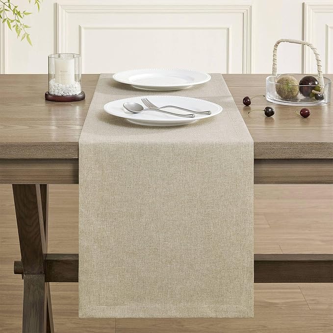 Basic Linen Style Table Runner, 14x48 Inch Natural | Mitered Corner Design - Image 2