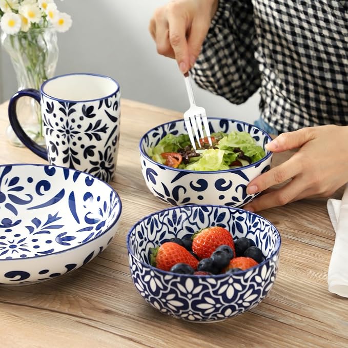 glowworm Cereal Bowls Set of 6, 26 Oz Soup Bowls, Bohemian Blue & White | - Image 4