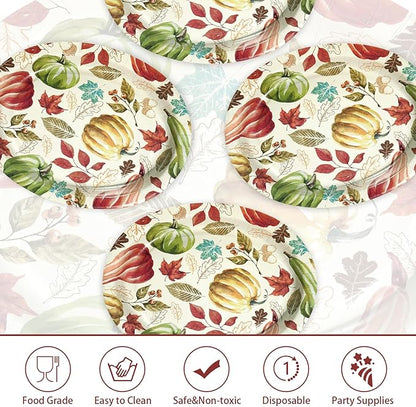 50 Pcs Fall Oval Paper Plates 10" x 12" Large Vintage Red Green Pumpkin Plates Disposable Heavy Duty Thanksgiving Platter for Fall Thanksgiving Party Decoration Holiday Harvest Festival Party Supplies