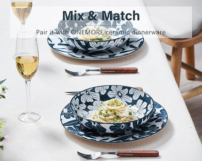ONEMORE Ceramic Pasta Bowls Set of 4, 36 oz Salad Bowls, Large Kitchen Shallow Bowls Set-Vintage Blue Floral Pattern, Oven Microwave Dishwasher Safe, Scratch Resistant