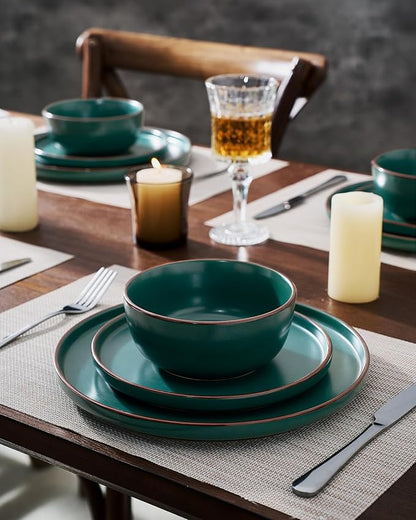 Famiware Mercury 18-Piece Stoneware Dinnerware Set, Dark Green | Plates and - Image 5