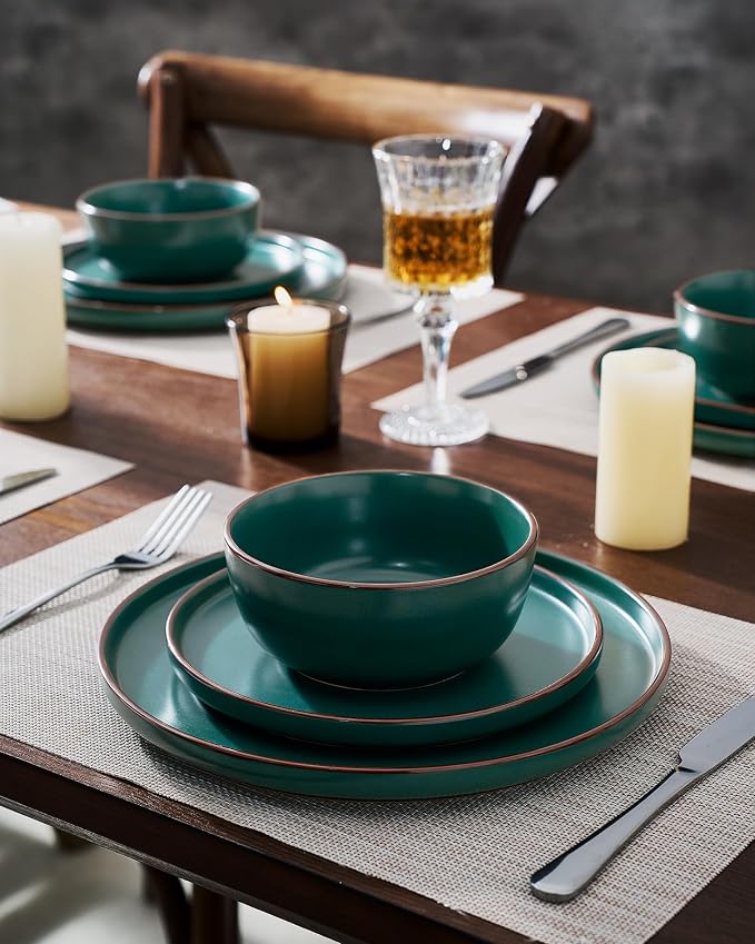 Famiware Mercury 12-Piece Stoneware Dinnerware Set, Dark Green | Plates and - Image 5