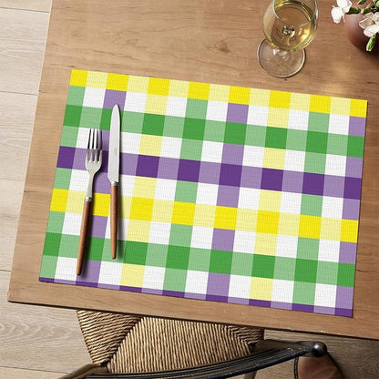 Artoid Mode Buffalo Plaid Vinyl Placemats Set of 4, 12x18 Inch Washable Non-Slip Heat Resistant Plastic Place Mats for Party Dining Table, Purple/Yellow
