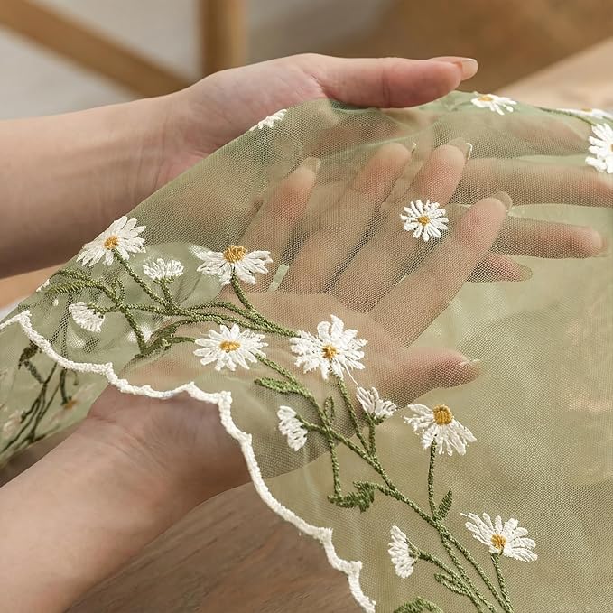 Artoid Mode Daisy Floral Fern Green Shaped Gauze Embroidery Table Runner 120 - Image 5
