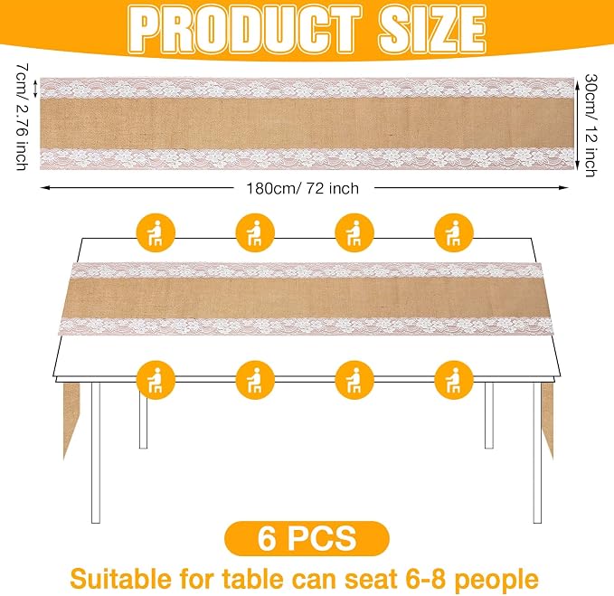 Tatuo 12 Pcs Lace Burlap Table Runner 12'' x 72'' Rustic Jute Hessian Farmhouse - Image 2